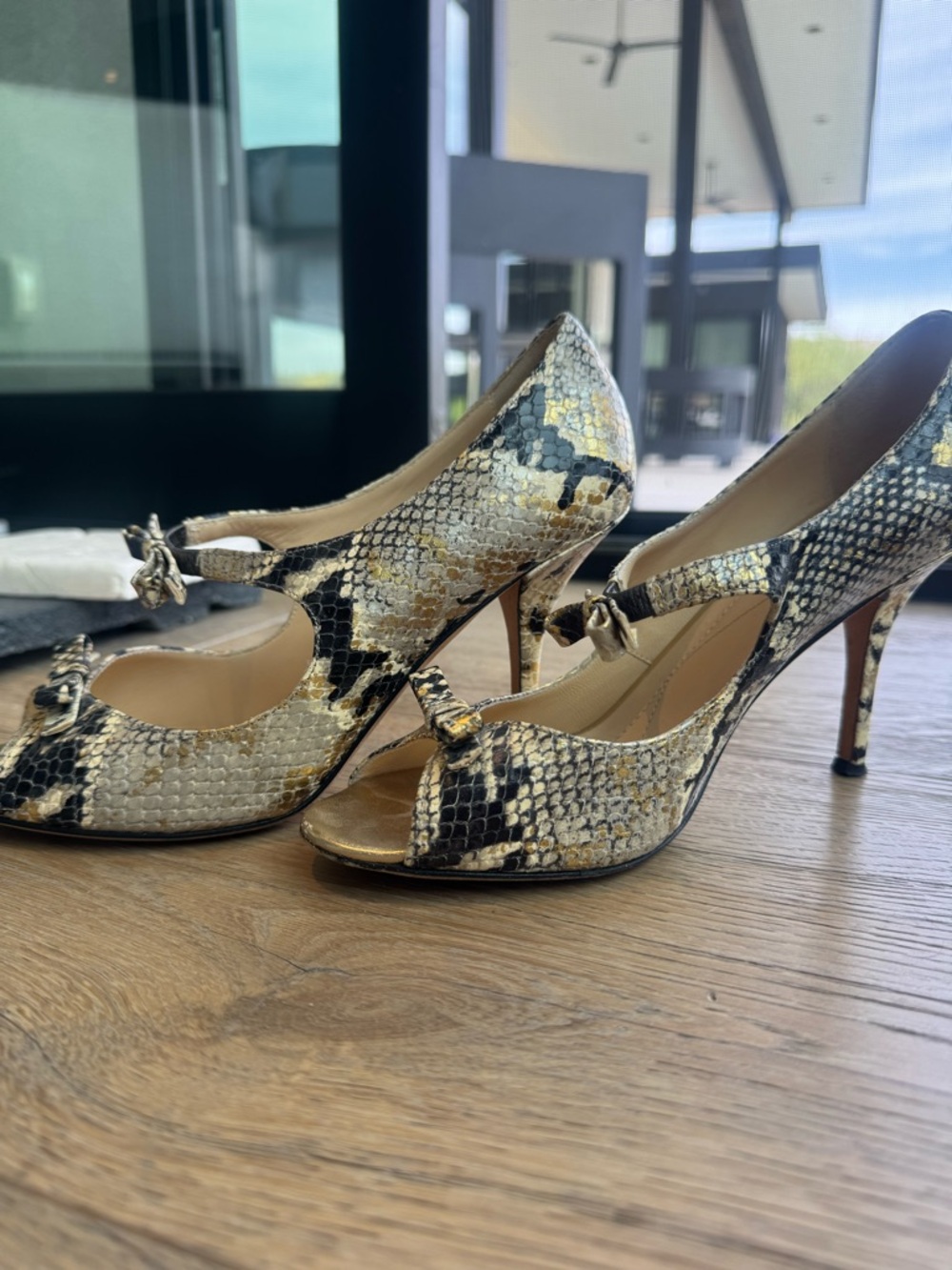 kate spade Snake-Print Pointed Toe Pumps in Cream, Black & Gold